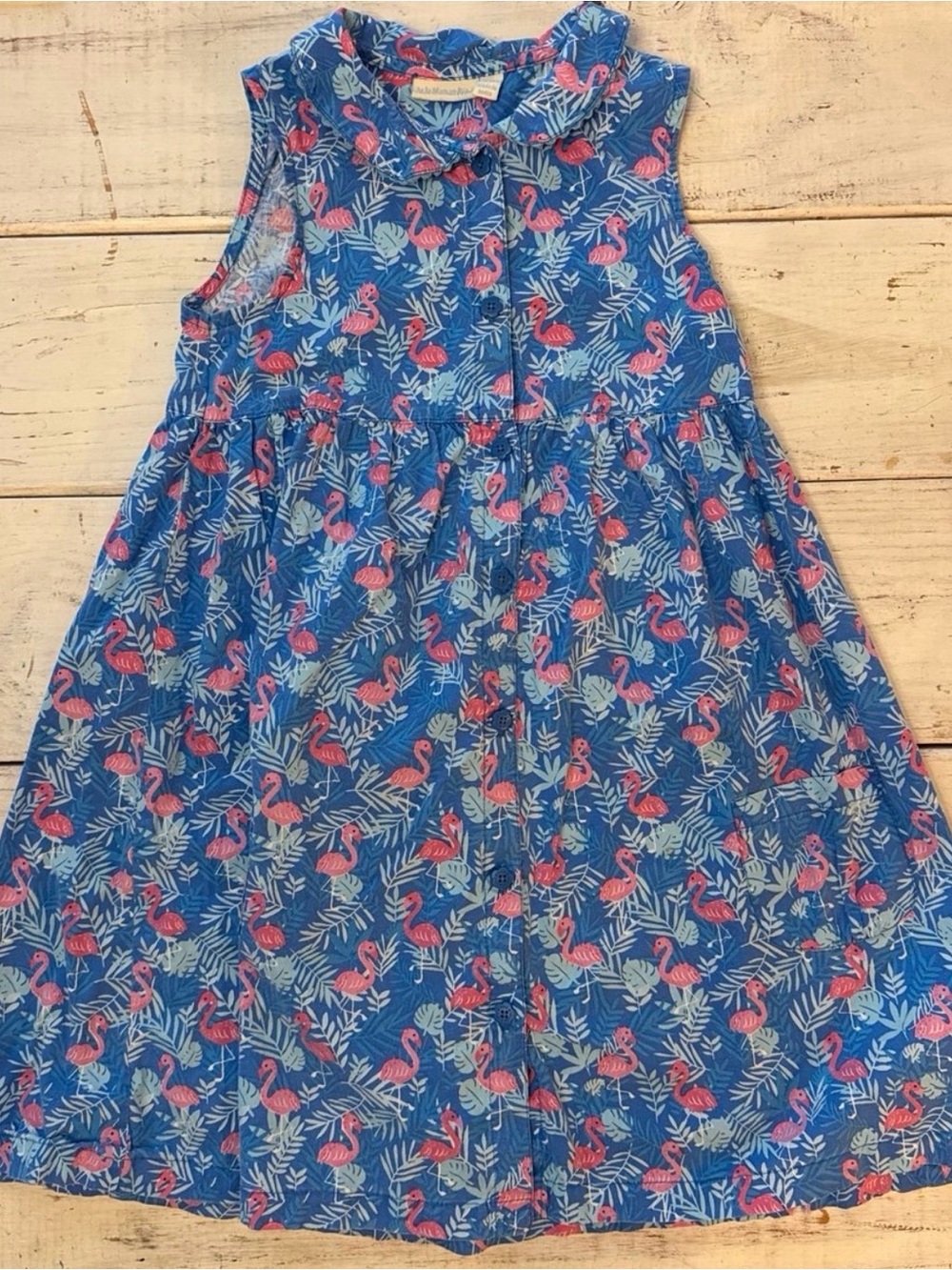 JoJo Maman Bebe Bishop Collar Blue Dress with Pink Flamingo Print
